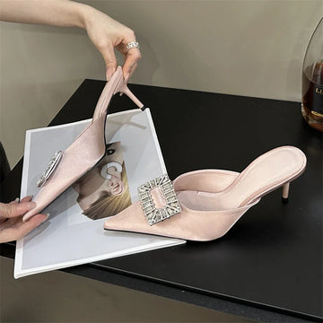 Xajzpa Spring Pointed Toe Crystal Buckle Mules Slippers Women Fashion Thin Heels Casual Party Shoes Zapatos De Mujer